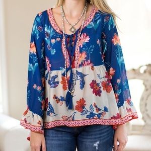 SHEER Floral Print Peasant Top Women’s Size M